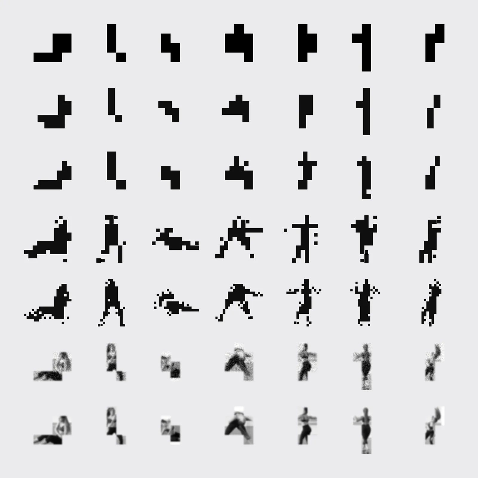 A grid of pixel figures resolving into photographs of people in motion